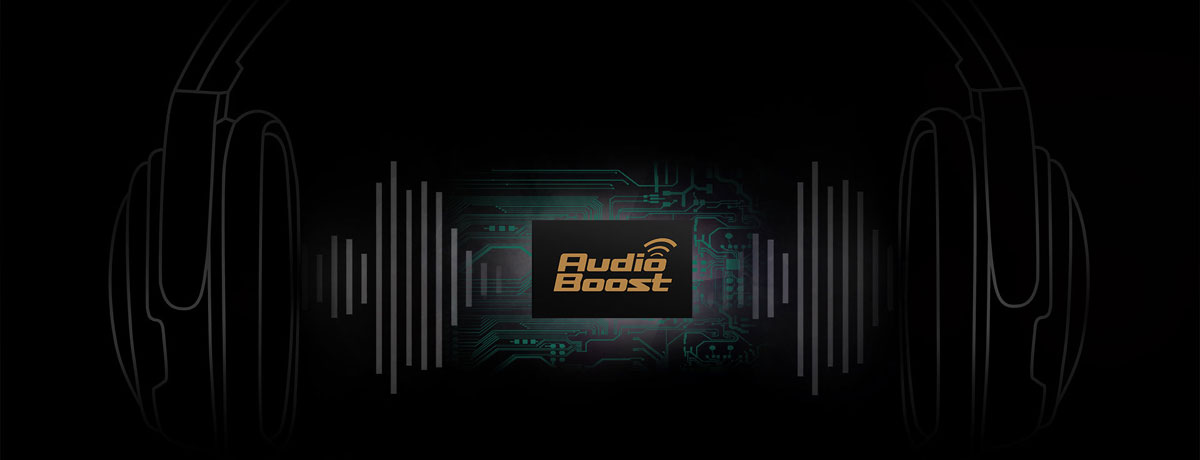 Clipart of headpones with sound wave coming out from ear pieces. At the center of the picture is a chip marked with Audio Boost, in front of a PCB with green tracing